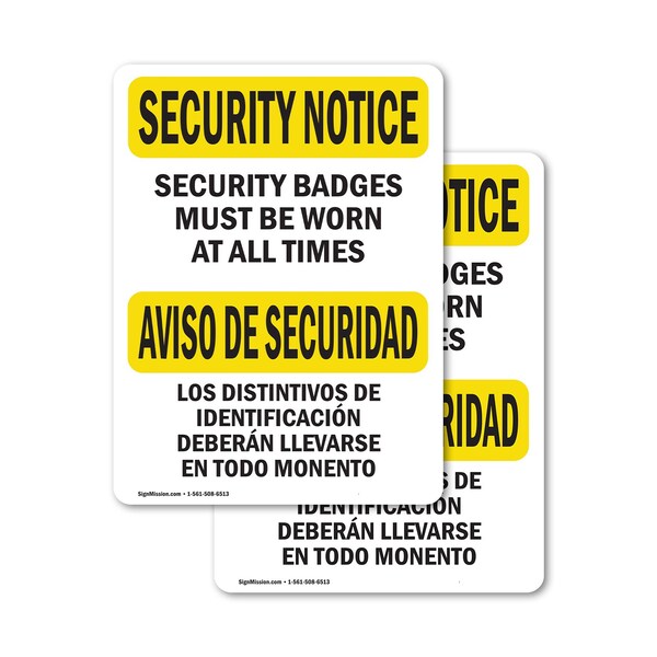 Signmission Security Badges Must Worn Bilingual OSHA Security Notice Sign, Vinyl Decal, 3.5in W x 5in L, 2PK OS-2PACK-SN-D-35-L-11644 - main